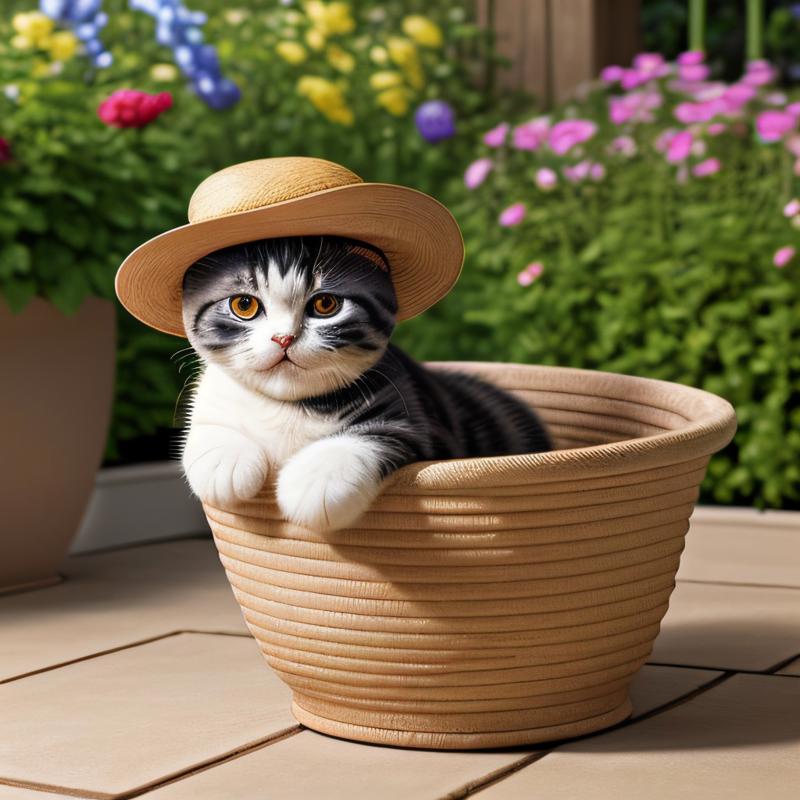 00205-2059677566-masterpiece, intricate photo, cute scottish fold kitten wearing panama hat, sitting in a flower pot in the garden, animal photog.jpg